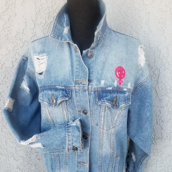FAshion Nova LGBTQ distressed denim jacket - Picture 5 of 13